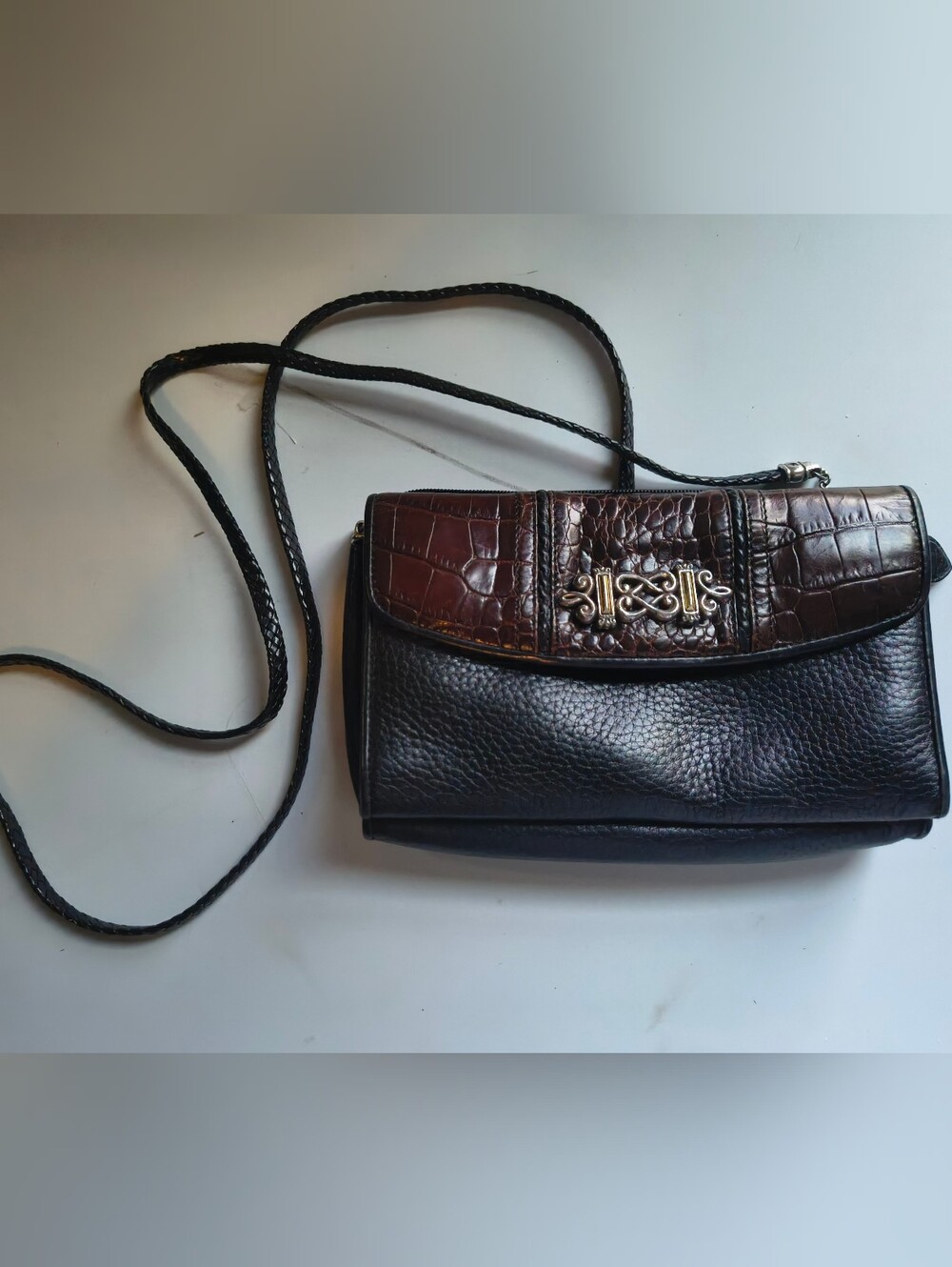 Brighton women's Black and Brown Crossbody Bag with Gold Accent Vintage